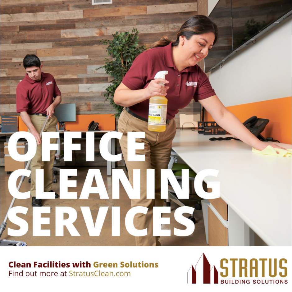 Two Stratus Business Owners Cleaning Counter Tops and Floors in a Large Office Building