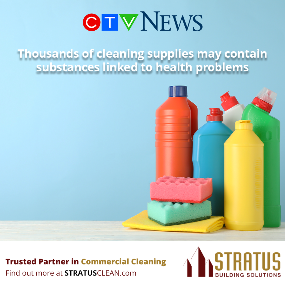 image of cleaning supplies the text reads: Thousands of cleaning supplies may contain substances linked to health problems