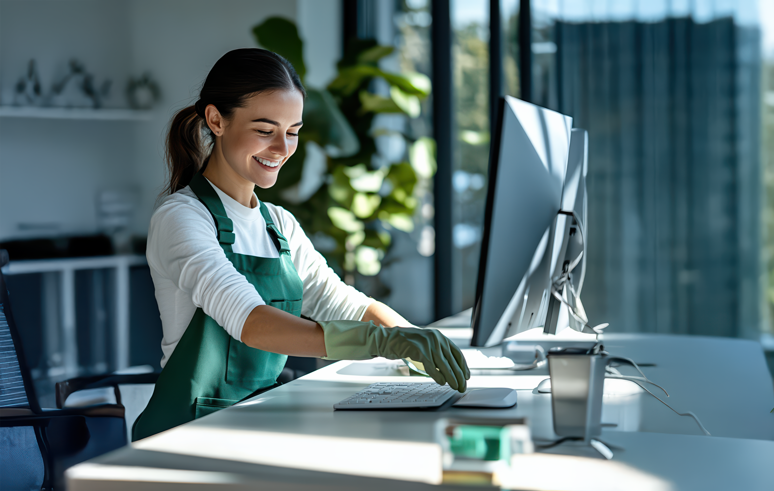 A woman in a green uniform cleans very happily the computer on top of a table, she is in an office with lots of plants and high windows.