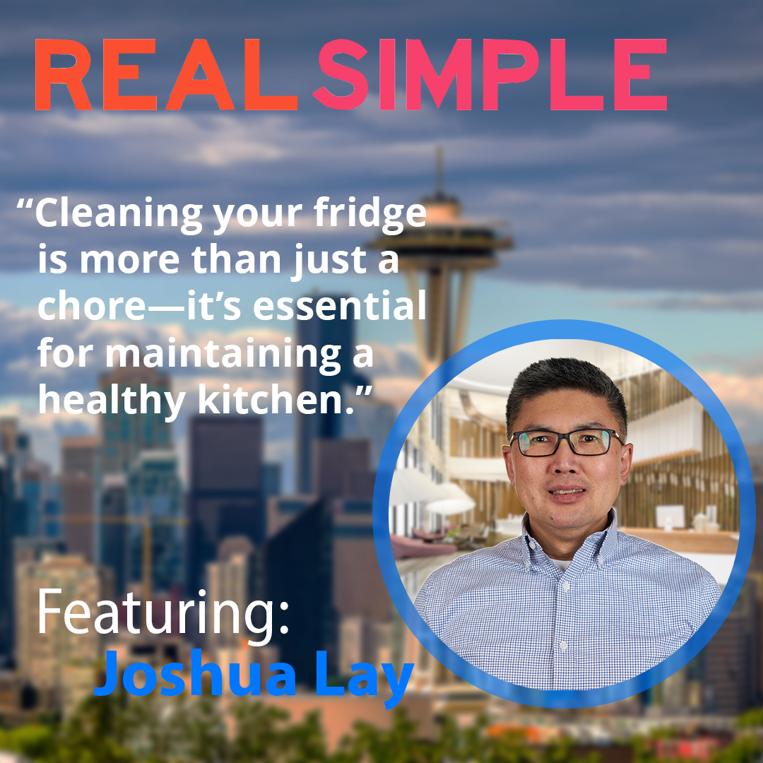 An Aerial Image of Seattle with a headshot of Joshua Lay, the text reads: "Cleaning your fridge is more than just a chore—it's essential for maintaining a healthy kitchen."