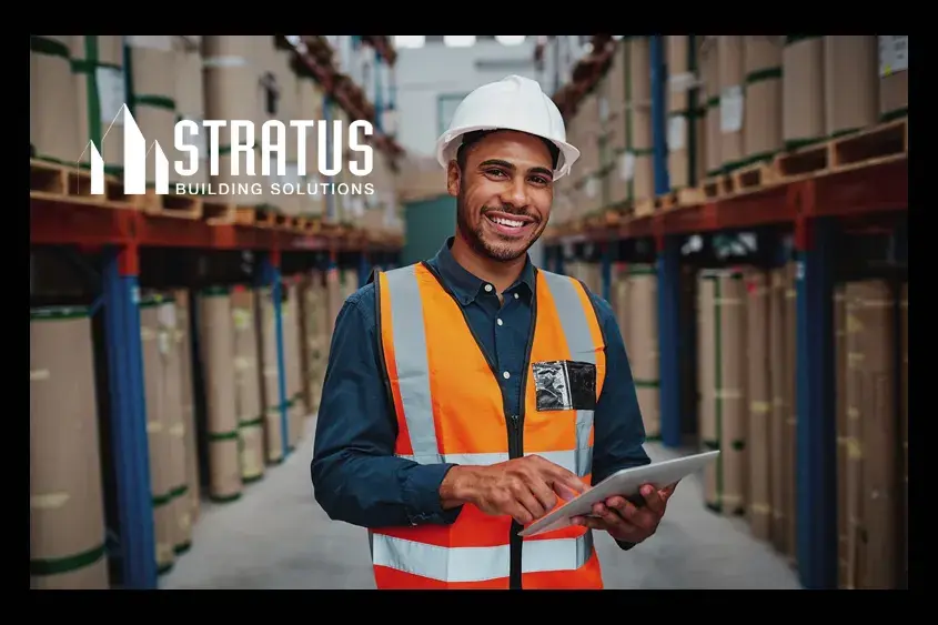 A smiling man in a hard hat and safety vest holds a tablet and stands in a warehouse full of shelves of rolled up materials 